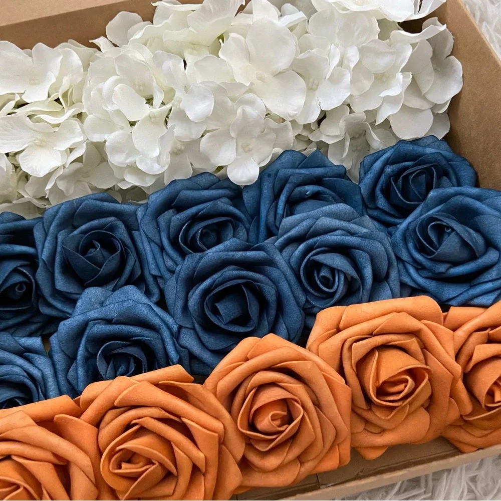 20 Count | Dusty Blue Burnt Orange Roses White Hydrangeas Bouquet Centerpieces